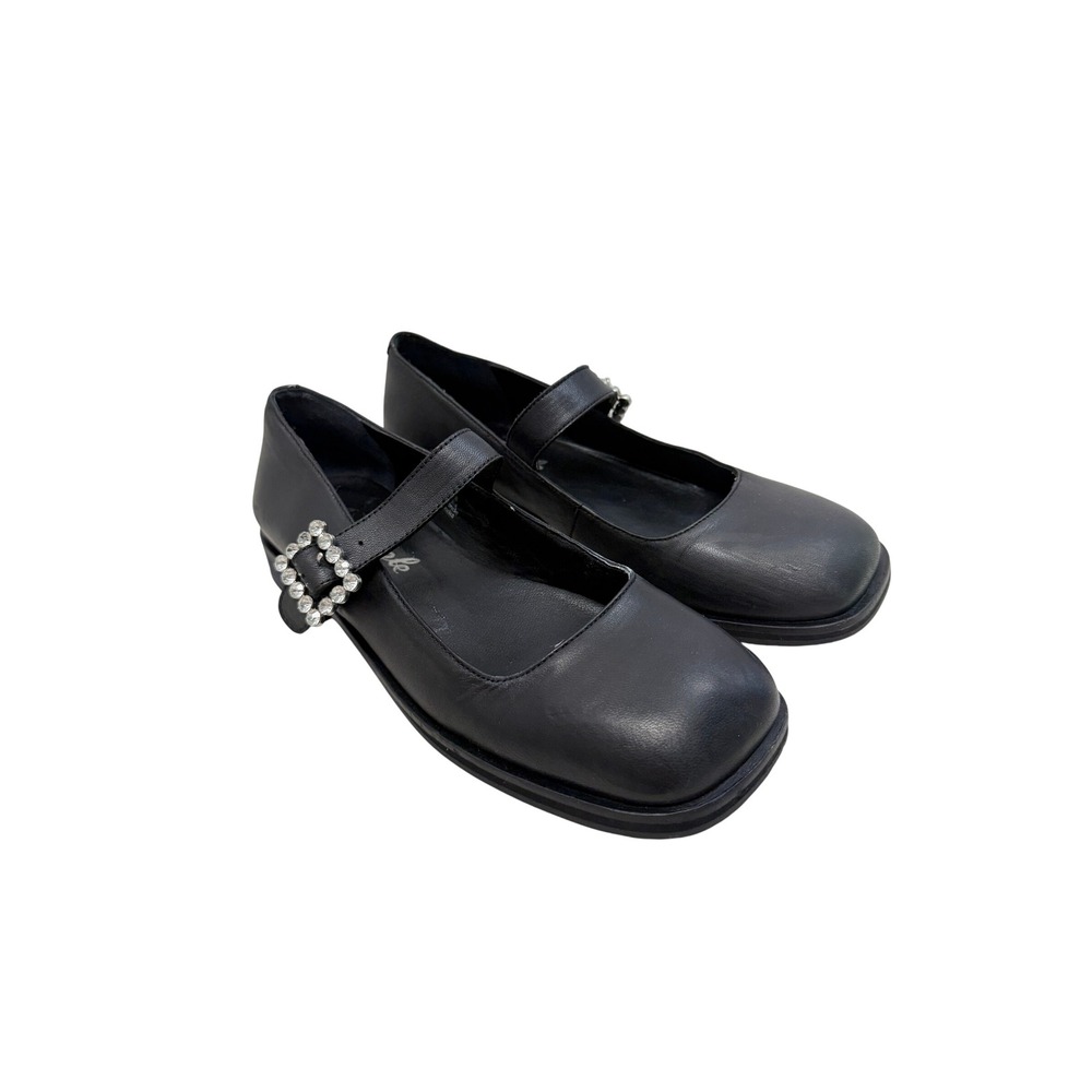 Free People Black Leather Square Toe Rhinestone Buckle Mary Jane Flats 7.5 - Picture 1 of 11